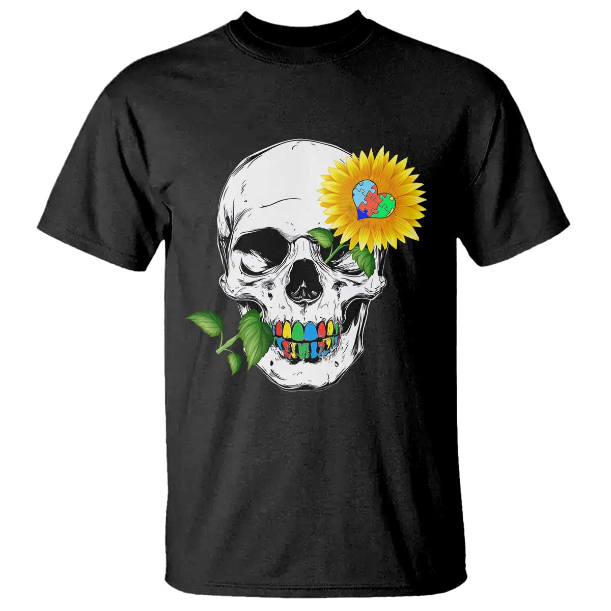 Autism Skull Sunflower T Shirt Support Autistic Puzzle Pieces Heart TS02 Black Print Your Wear
