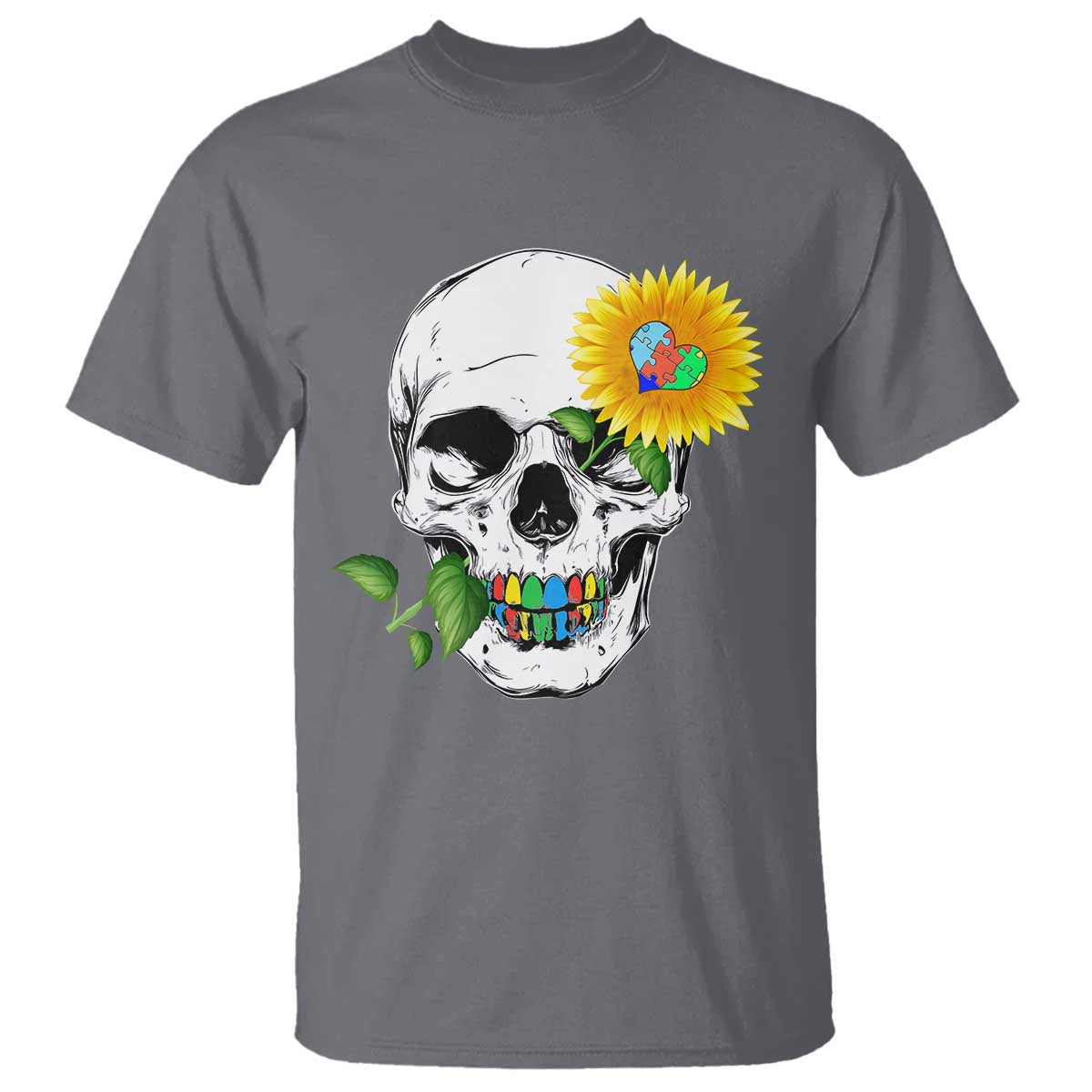 Autism Skull Sunflower T Shirt Support Autistic Puzzle Pieces Heart TS02 Charcoal Print Your Wear