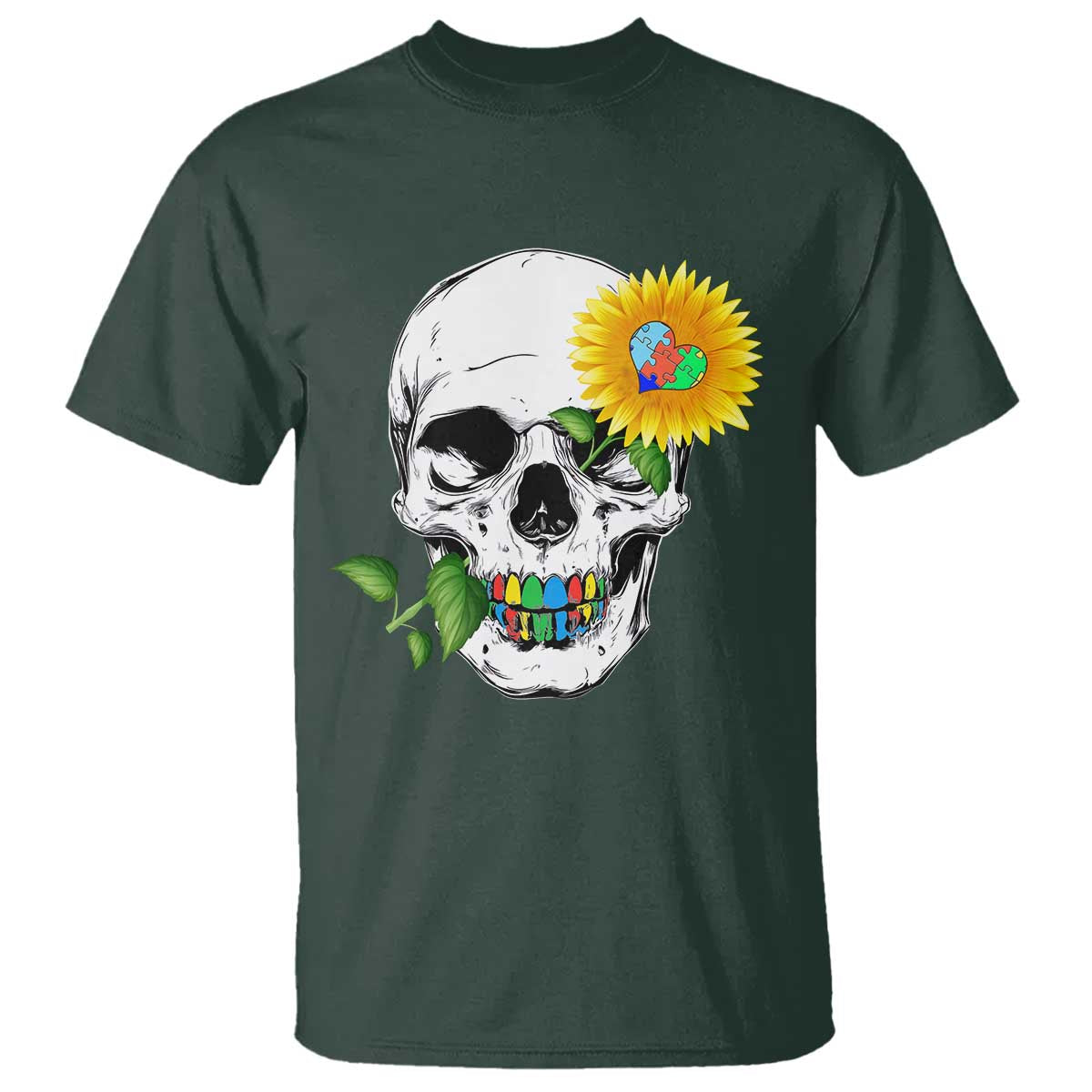 Autism Skull Sunflower T Shirt Support Autistic Puzzle Pieces Heart TS02 Dark Forest Green Print Your Wear