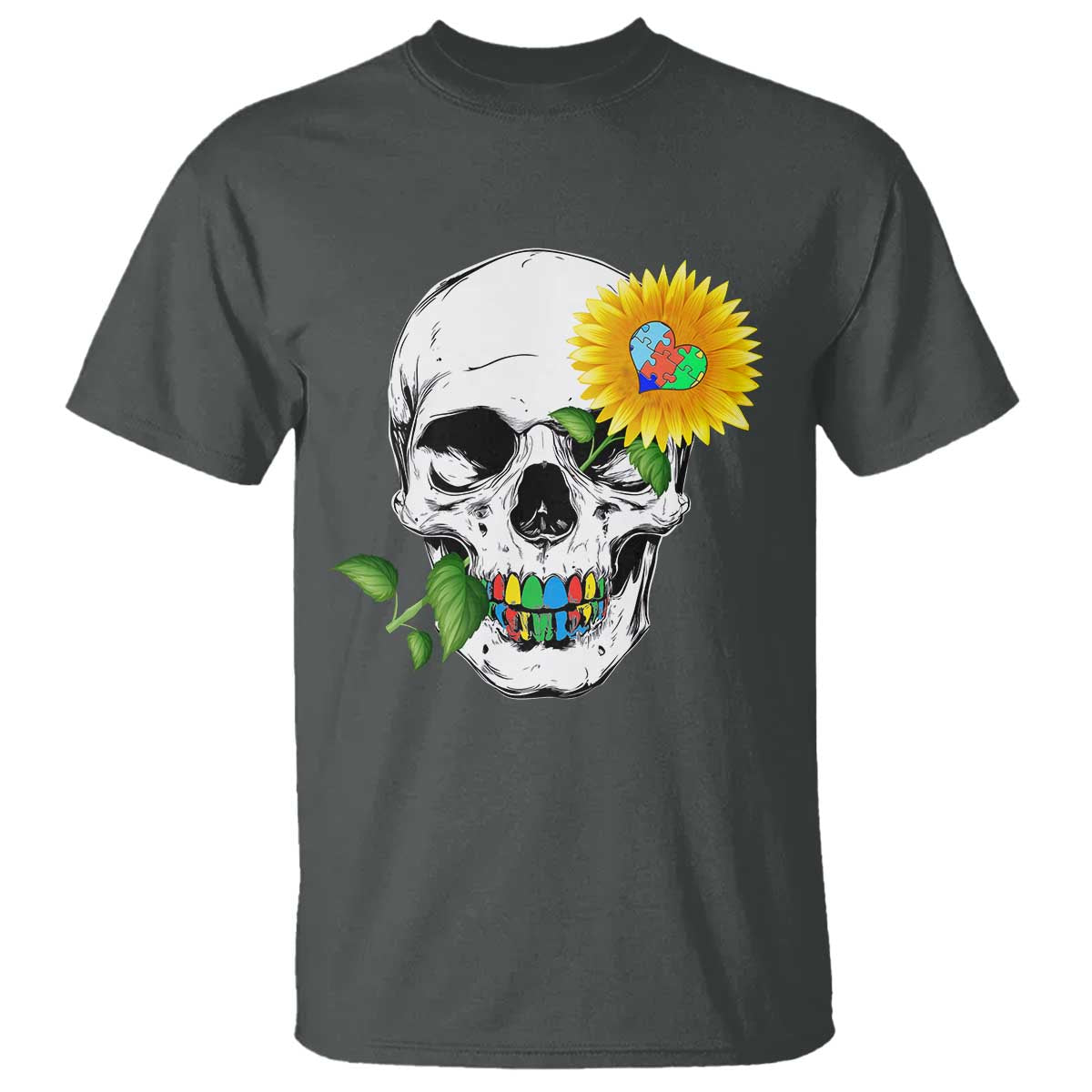 Autism Skull Sunflower T Shirt Support Autistic Puzzle Pieces Heart TS02 Dark Heather Print Your Wear