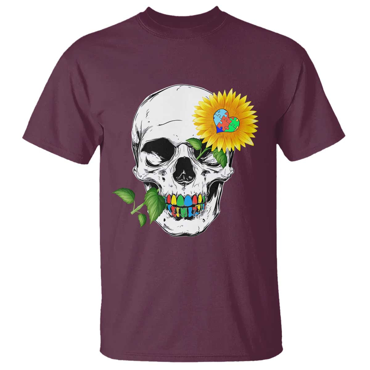 Autism Skull Sunflower T Shirt Support Autistic Puzzle Pieces Heart TS02 Maroon Print Your Wear