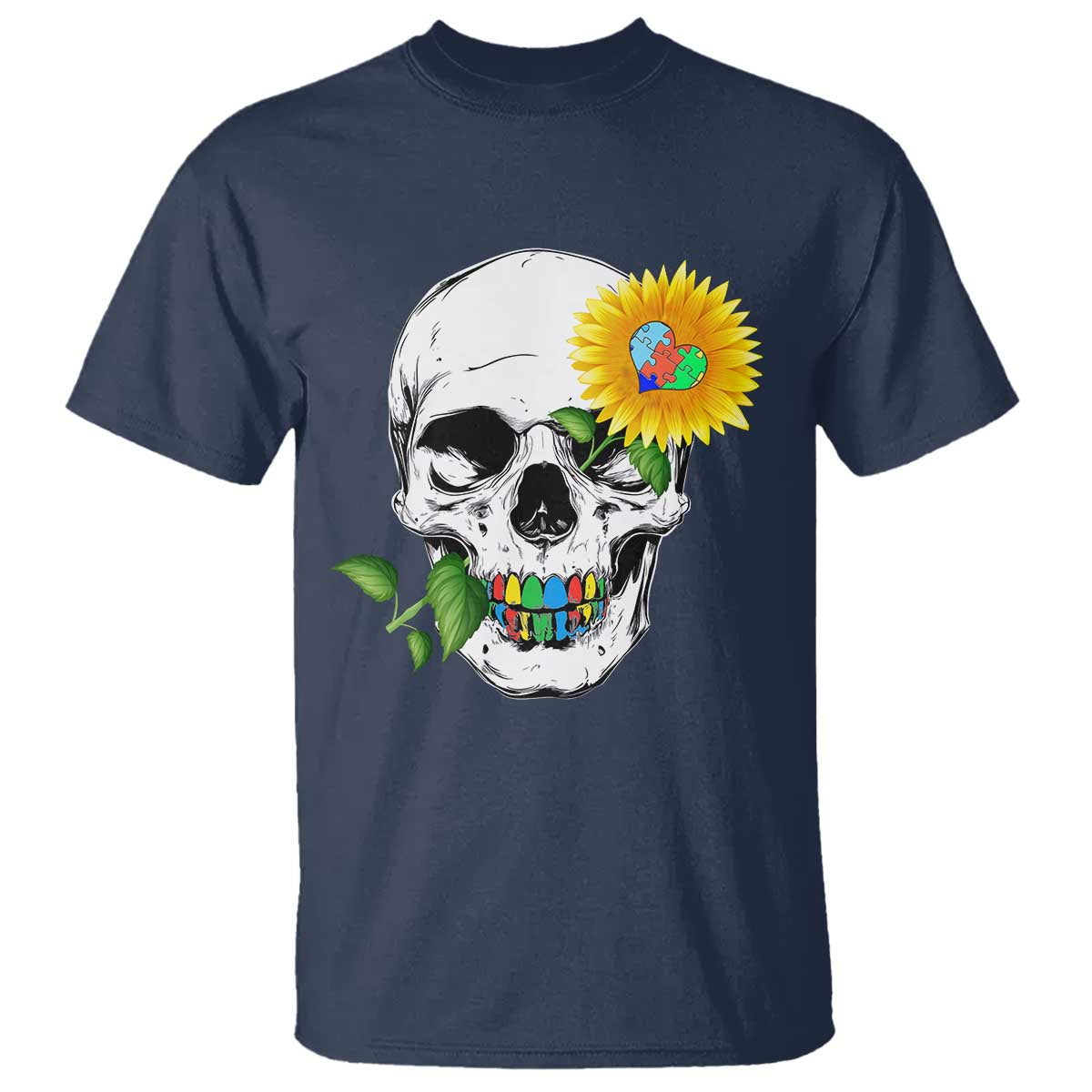 Autism Skull Sunflower T Shirt Support Autistic Puzzle Pieces Heart TS02 Navy Print Your Wear