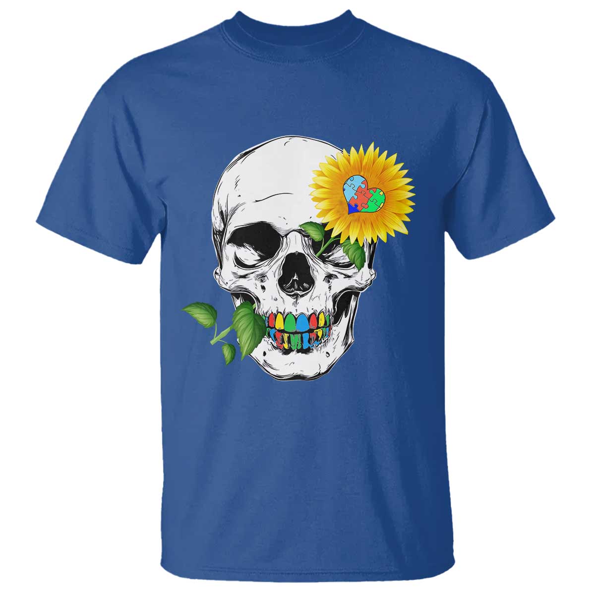 Autism Skull Sunflower T Shirt Support Autistic Puzzle Pieces Heart TS02 Royal Blue Print Your Wear