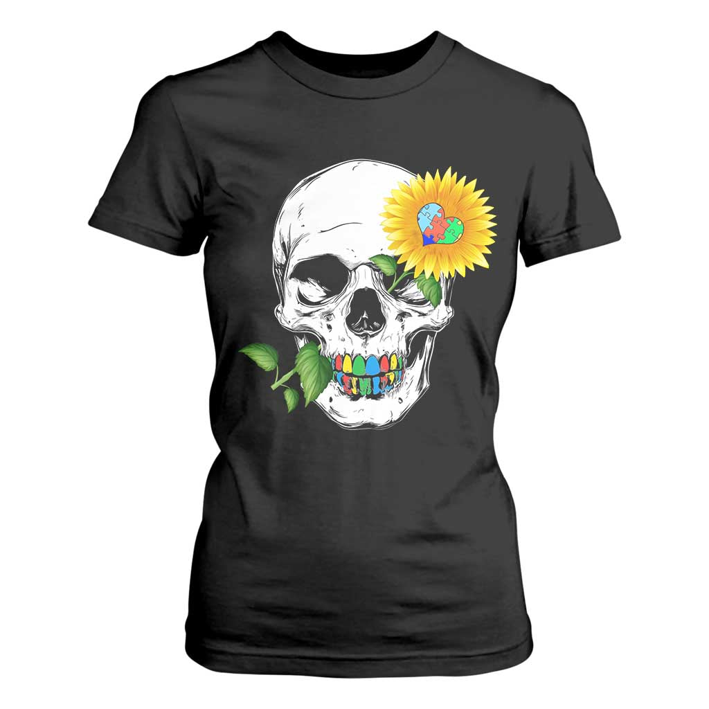 Autism Skull Sunflower T Shirt For Women Support Autistic Puzzle Pieces Heart TS02 Black Print Your Wear