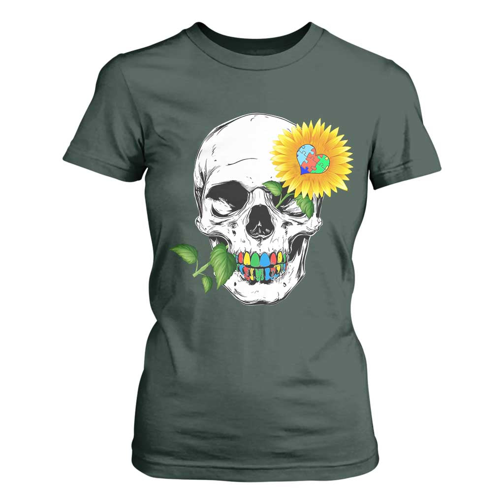 Autism Skull Sunflower T Shirt For Women Support Autistic Puzzle Pieces Heart TS02 Dark Forest Green Print Your Wear