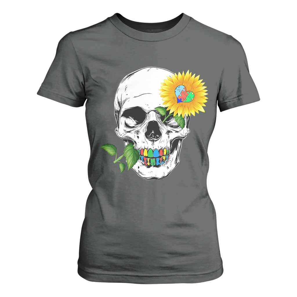 Autism Skull Sunflower T Shirt For Women Support Autistic Puzzle Pieces Heart TS02 Dark Heather Print Your Wear