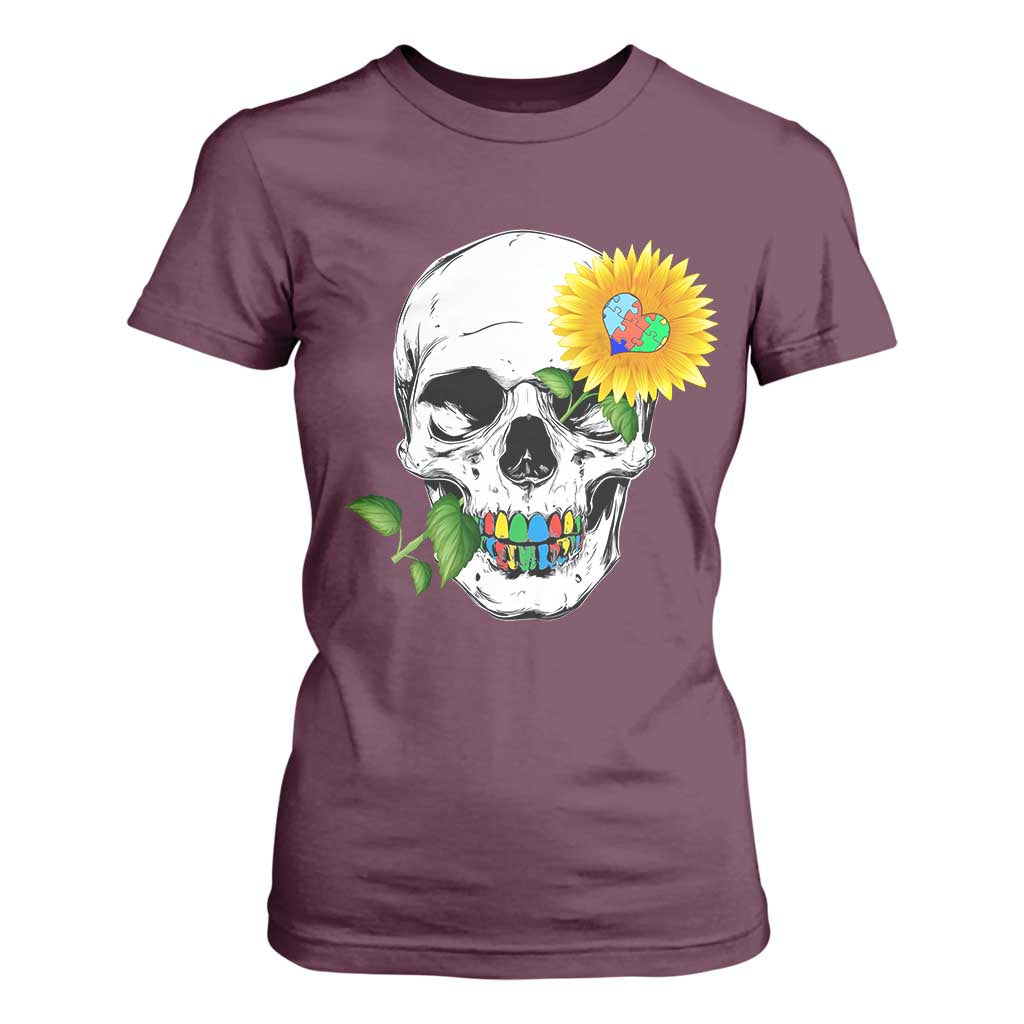 Autism Skull Sunflower T Shirt For Women Support Autistic Puzzle Pieces Heart TS02 Maroon Print Your Wear