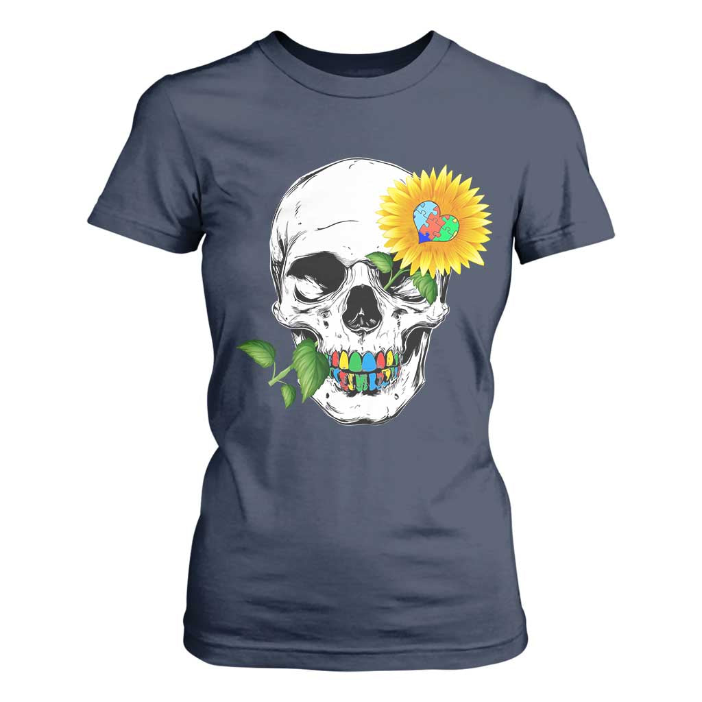Autism Skull Sunflower T Shirt For Women Support Autistic Puzzle Pieces Heart TS02 Navy Print Your Wear