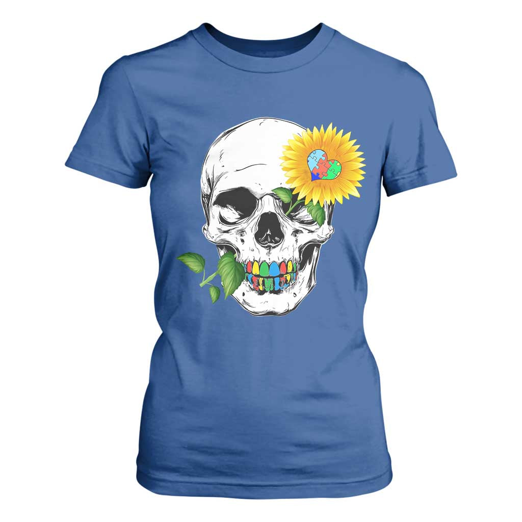 Autism Skull Sunflower T Shirt For Women Support Autistic Puzzle Pieces Heart TS02 Royal Blue Print Your Wear