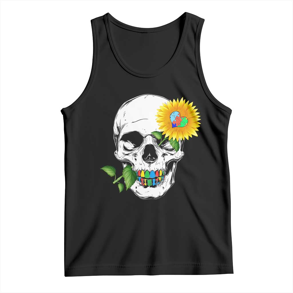 Autism Skull Sunflower Tank Top Support Autistic Puzzle Pieces Heart TS02 Black Print Your Wear
