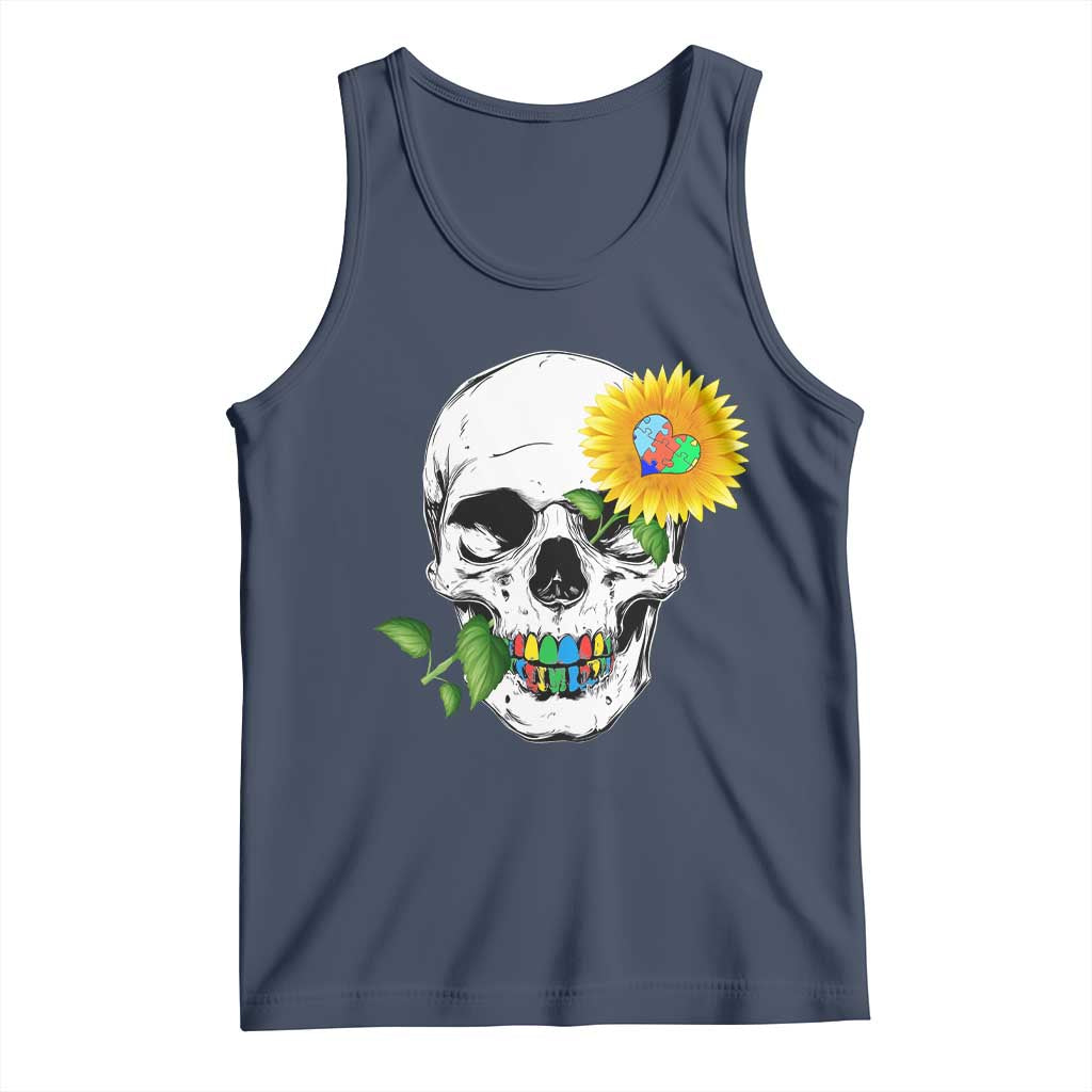 Autism Skull Sunflower Tank Top Support Autistic Puzzle Pieces Heart TS02 Navy Print Your Wear