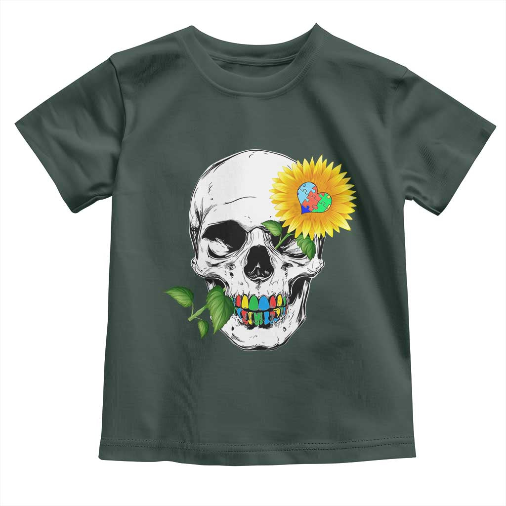 Autism Skull Sunflower Toddler T Shirt Support Autistic Puzzle Pieces Heart TS02 Dark Forest Green Print Your Wear