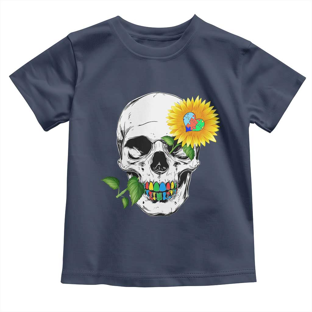 Autism Skull Sunflower Toddler T Shirt Support Autistic Puzzle Pieces Heart TS02 Navy Print Your Wear
