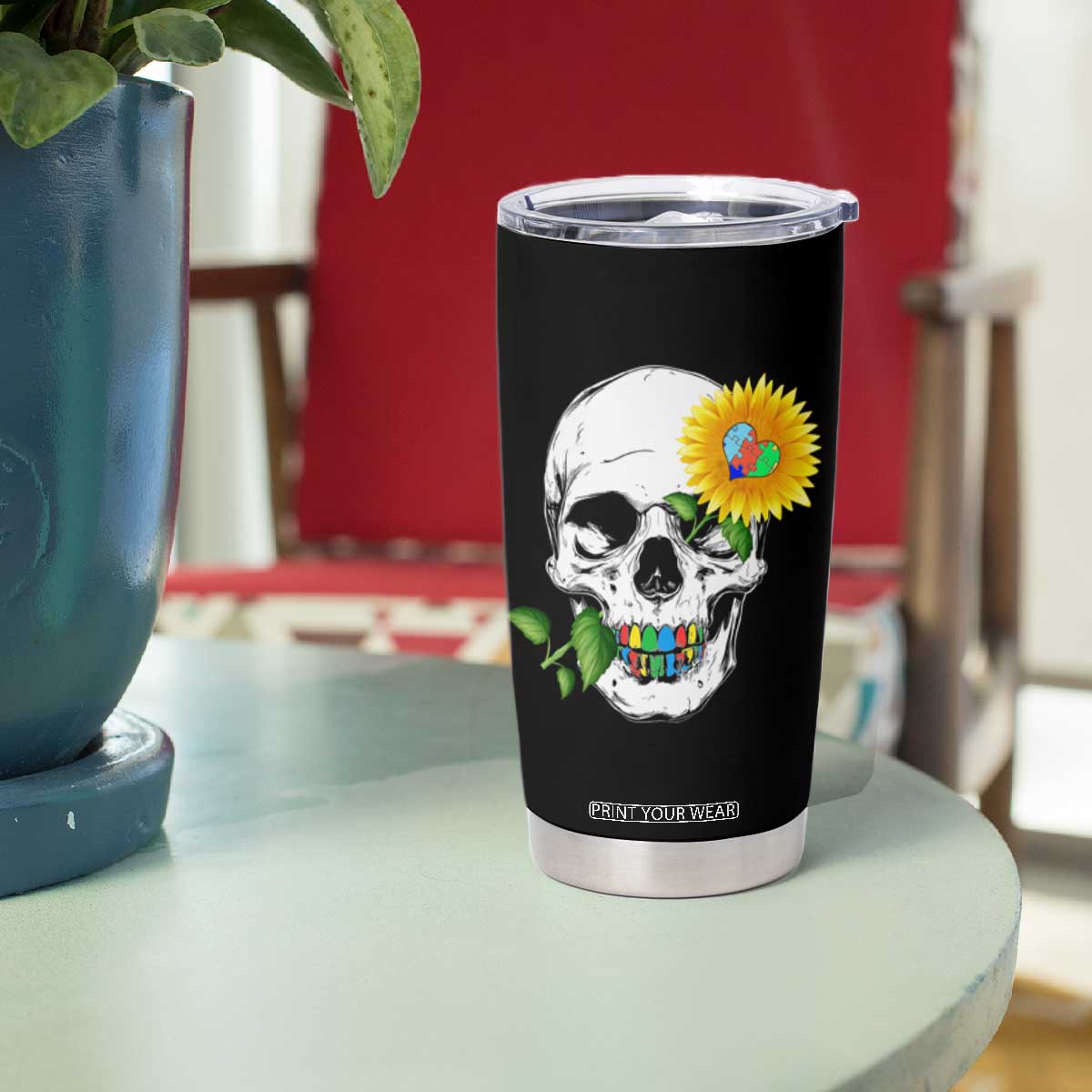 Autism Skull Sunflower Tumbler Cup Support Autistic Puzzle Pieces Heart TS02 Print Your Wear