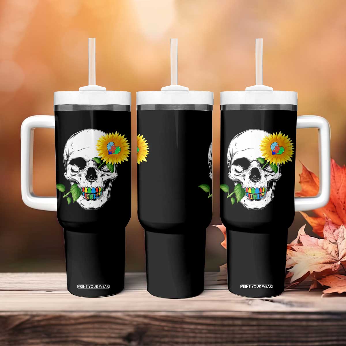 Autism Skull Sunflower Tumbler With Handle Support Autistic Puzzle Pieces Heart TS02 Print Your Wear