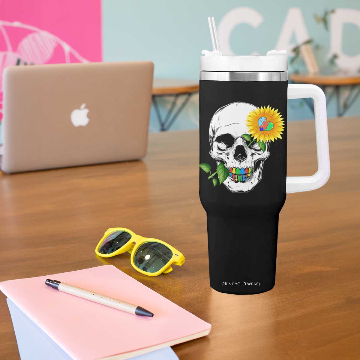 Autism Skull Sunflower Tumbler With Handle Support Autistic Puzzle Pieces Heart TS02 Print Your Wear