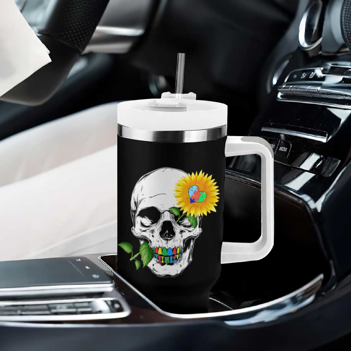 Autism Skull Sunflower Tumbler With Handle Support Autistic Puzzle Pieces Heart TS02 Print Your Wear