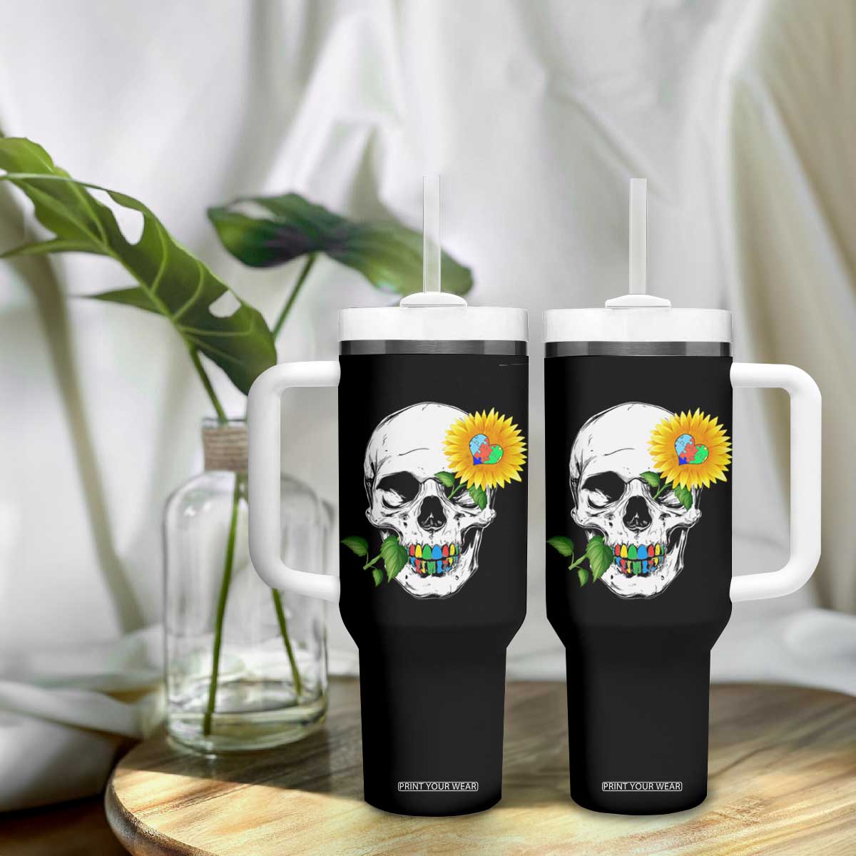 Autism Skull Sunflower Tumbler With Handle Support Autistic Puzzle Pieces Heart TS02 Print Your Wear