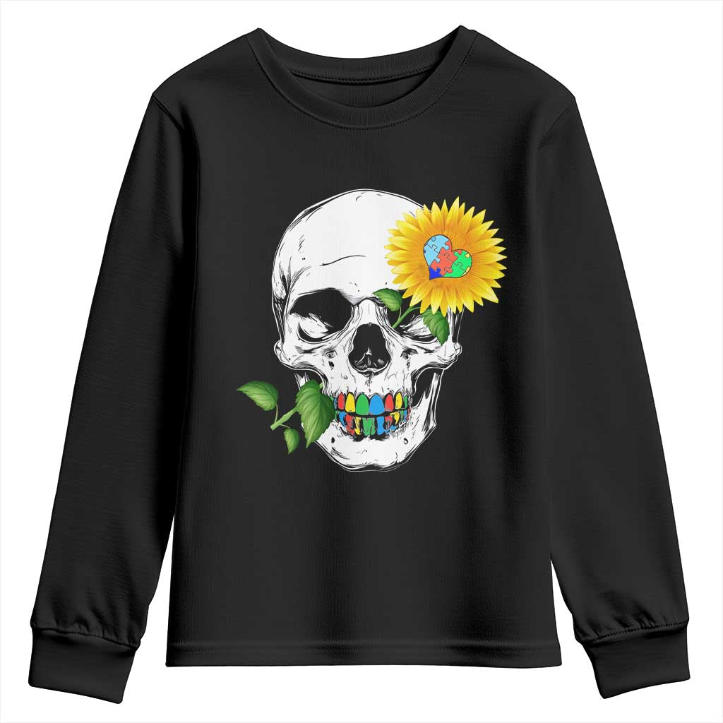 Autism Skull Sunflower Youth Sweatshirt Support Autistic Puzzle Pieces Heart TS02 Black Print Your Wear