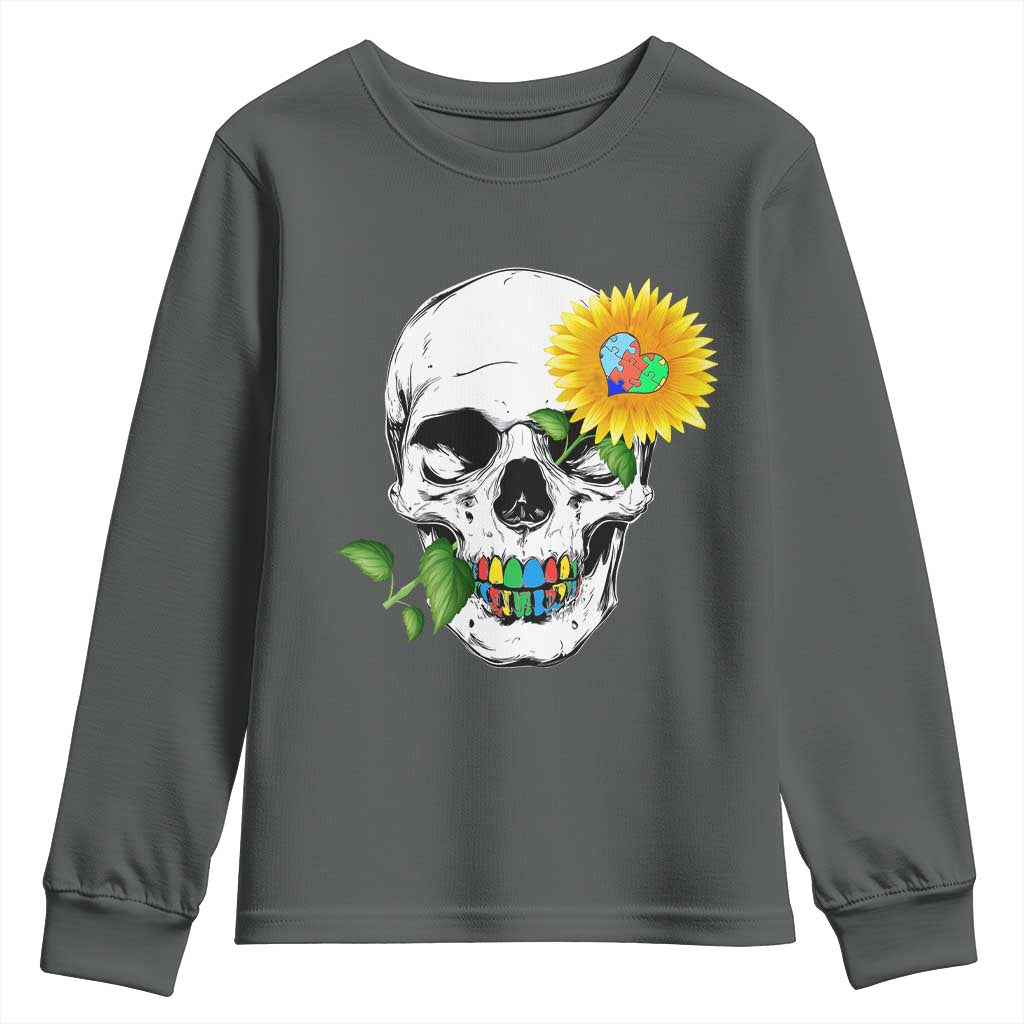 Autism Skull Sunflower Youth Sweatshirt Support Autistic Puzzle Pieces Heart TS02 Dark Heather Print Your Wear