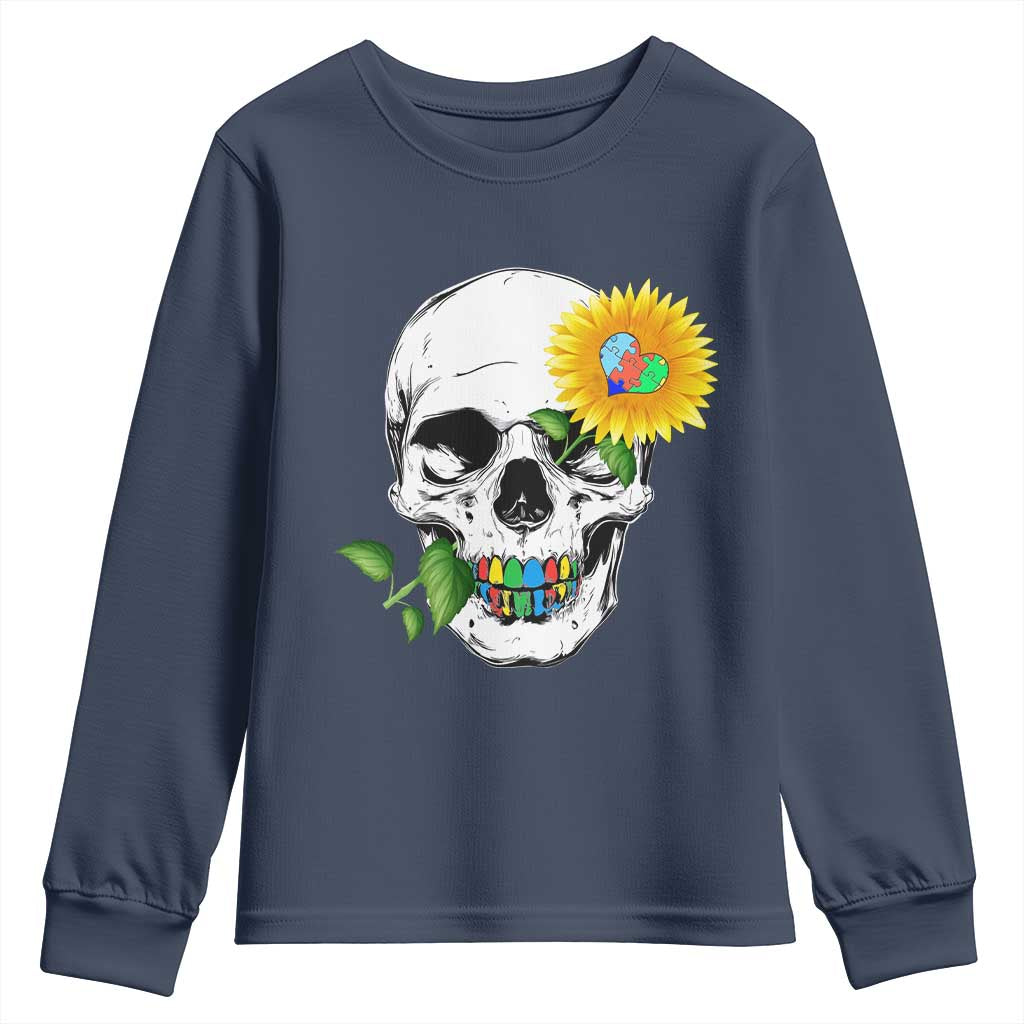 Autism Skull Sunflower Youth Sweatshirt Support Autistic Puzzle Pieces Heart TS02 Navy Print Your Wear