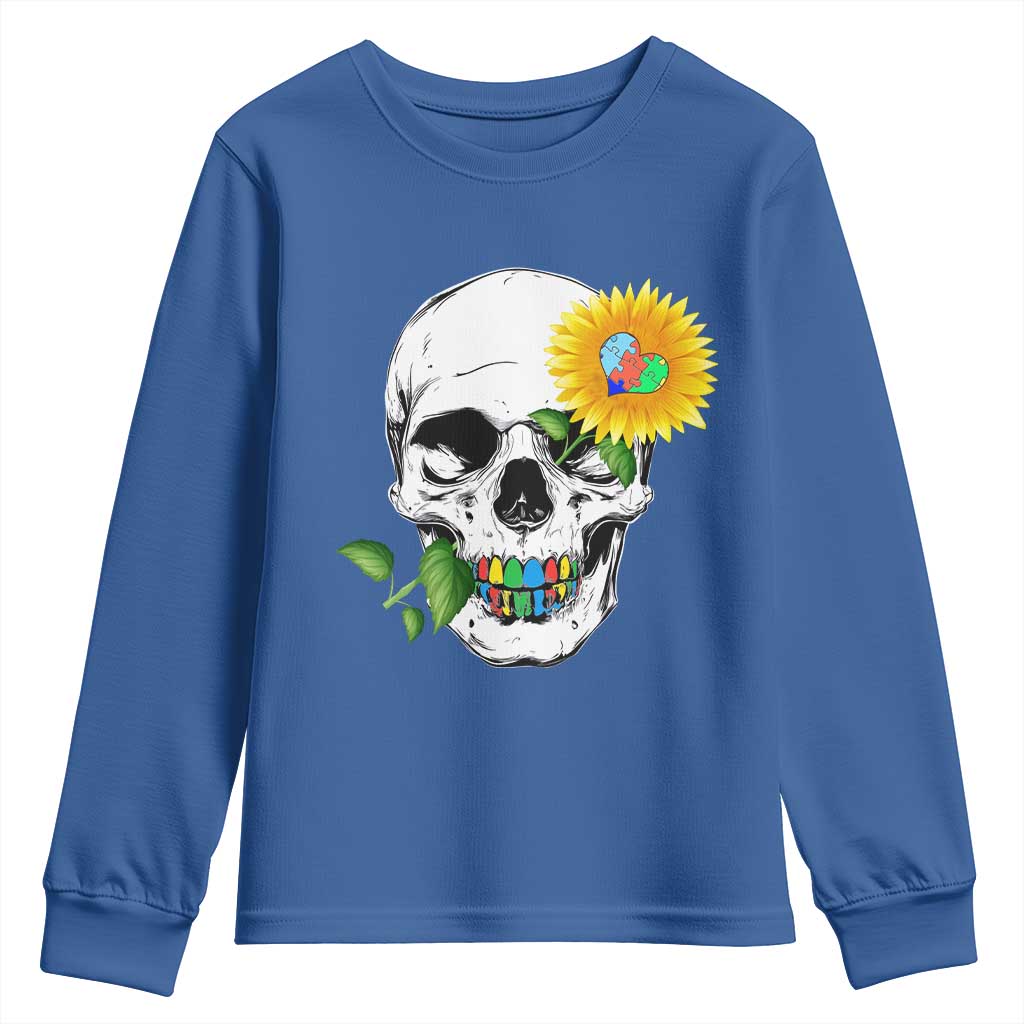 Autism Skull Sunflower Youth Sweatshirt Support Autistic Puzzle Pieces Heart TS02 Royal Blue Print Your Wear