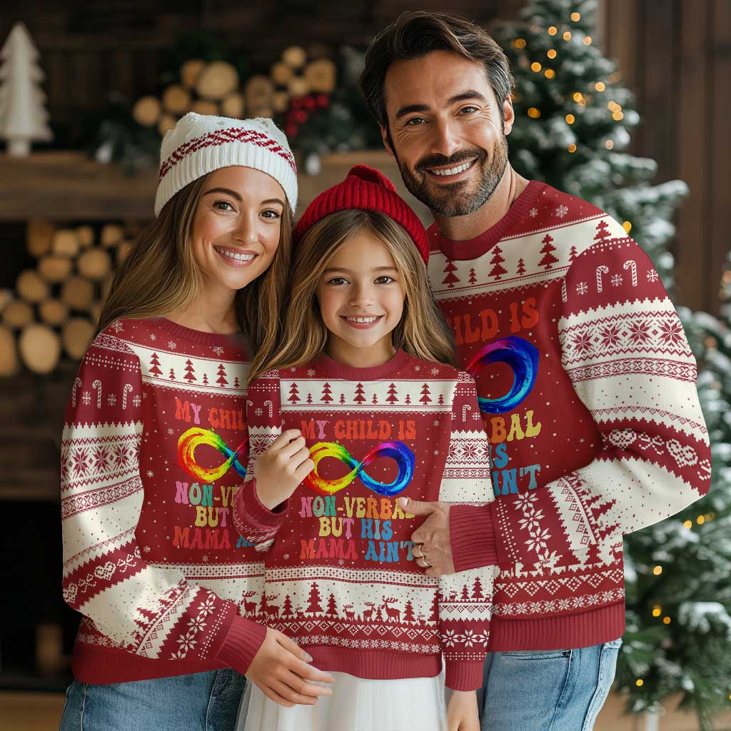 Autism Mom Ugly Christmas Sweater My Child May Be Non verbal But His Mama Ain't Autism TS02 Red Beige Print Your Wear