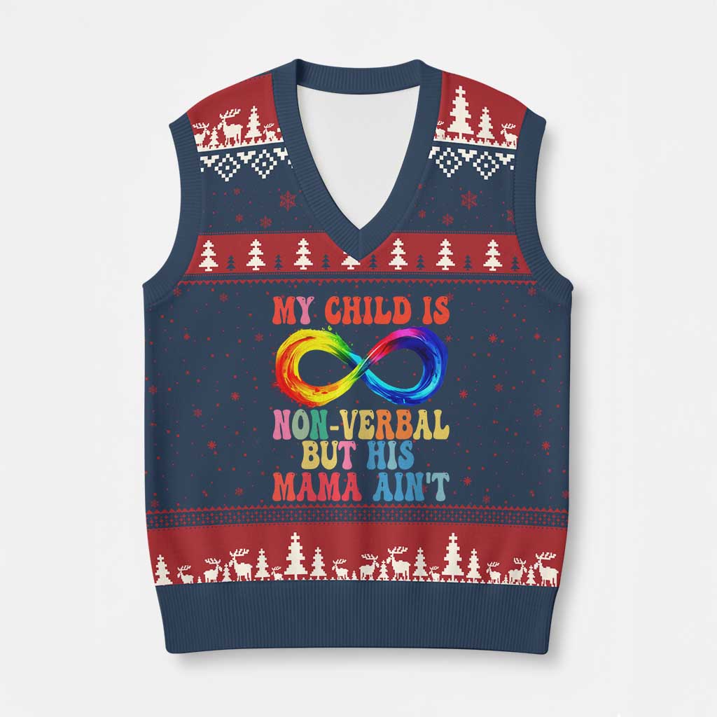 Autism Mom V-Neck Knit Sweater Vest My Child May Be Non verbal But His Mama Ain't Autism TS02 Navy Red Print Your Wear