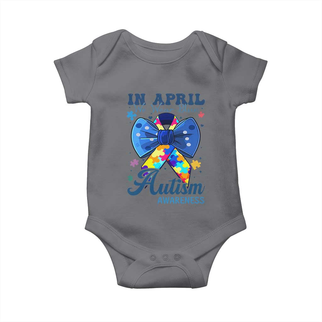 Autism Awareness Baby Onesie In April We Wear Blue Puzzle Ribbon Coquette Bow TS02 Charcoal Print Your Wear
