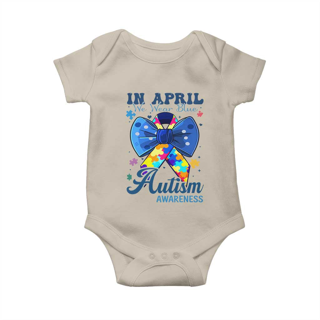 Autism Awareness Baby Onesie In April We Wear Blue Puzzle Ribbon Coquette Bow TS02 Sand Print Your Wear