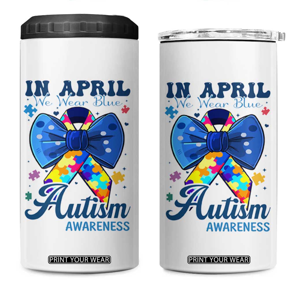 Autism Awareness 4 in 1 Can Cooler Tumbler In April We Wear Blue Puzzle Ribbon Coquette Bow TS02 One Size: 16 oz White Print Your Wear