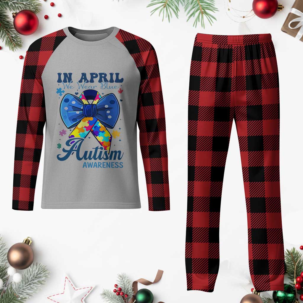 Autism Awareness Plaid Pajama Set In April We Wear Blue Puzzle Ribbon Coquette Bow TS02 Buffalo Plaid Print Your Wear