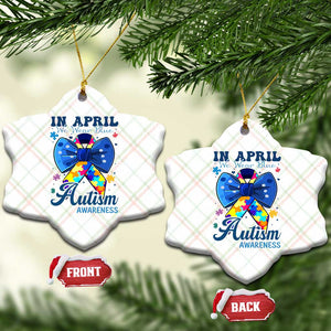 Autism Awareness Ceramic Ornament In April We Wear Blue Puzzle Ribbon Coquette Bow TS02 Print Your Wear
