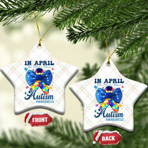 Autism Awareness Ceramic Ornament In April We Wear Blue Puzzle Ribbon Coquette Bow TS02 Print Your Wear