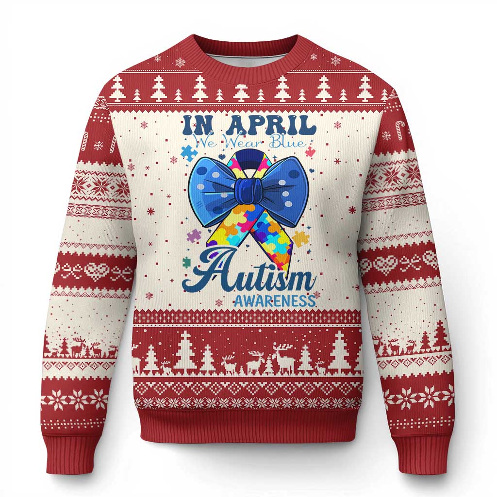 Autism Awareness Ugly Christmas Sweater In April We Wear Blue Puzzle Ribbon Coquette Bow TS02 Beige Red Print Your Wear