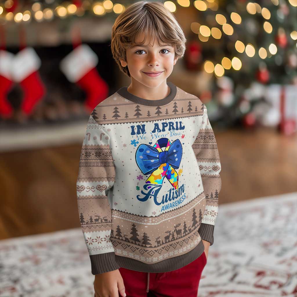 Autism Awareness Ugly Christmas Sweater In April We Wear Blue Puzzle Ribbon Coquette Bow TS02 Mocha Mousse Print Your Wear