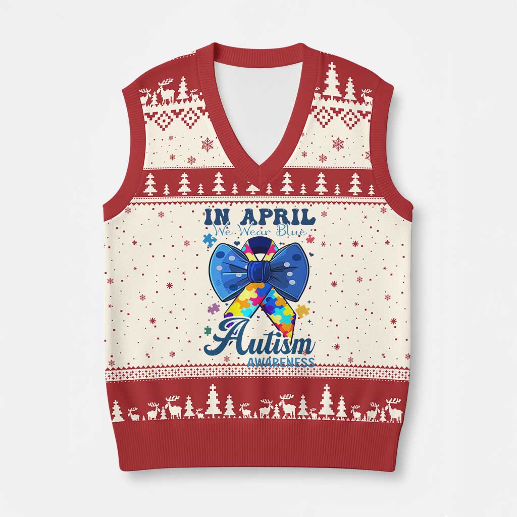 Autism Awareness V-Neck Knit Sweater Vest In April We Wear Blue Puzzle Ribbon Coquette Bow TS02 Beige Red Print Your Wear