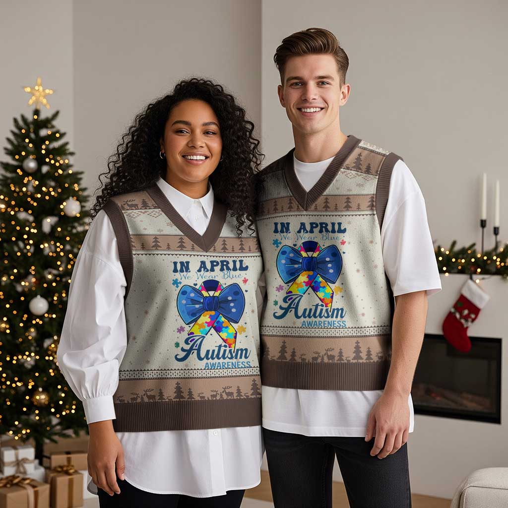 Autism Awareness V-Neck Knit Sweater Vest In April We Wear Blue Puzzle Ribbon Coquette Bow TS02 Mocha Mousse Print Your Wear
