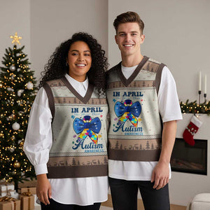 Autism Awareness V-Neck Knit Sweater Vest In April We Wear Blue Puzzle Ribbon Coquette Bow TS02 Mocha Mousse Print Your Wear