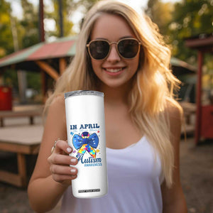 Autism Awareness Skinny Tumbler In April We Wear Blue Puzzle Ribbon Coquette Bow TS02 Print Your Wear