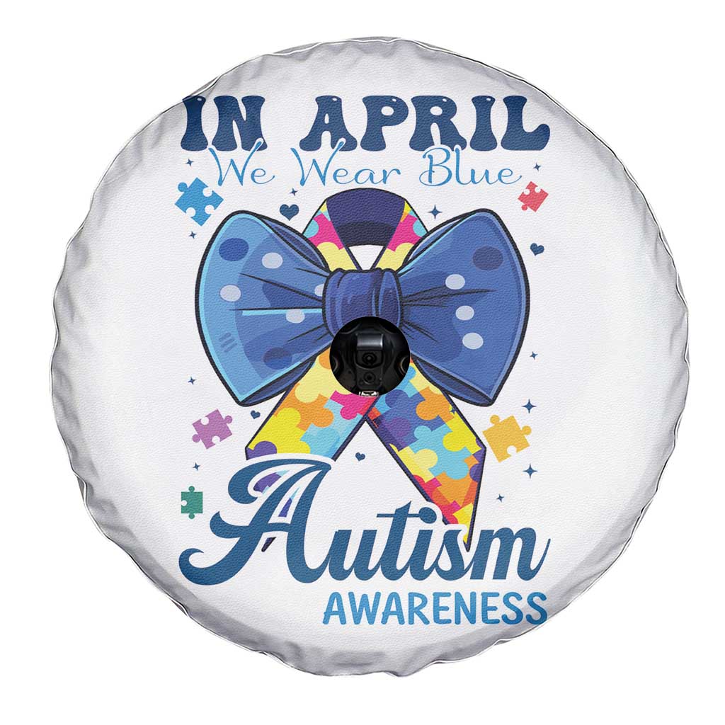 Autism Awareness Spare Tire Cover In April We Wear Blue Puzzle Ribbon Coquette Bow TS02 Print Your Wear