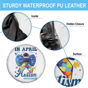 Autism Awareness Spare Tire Cover In April We Wear Blue Puzzle Ribbon Coquette Bow TS02 Print Your Wear