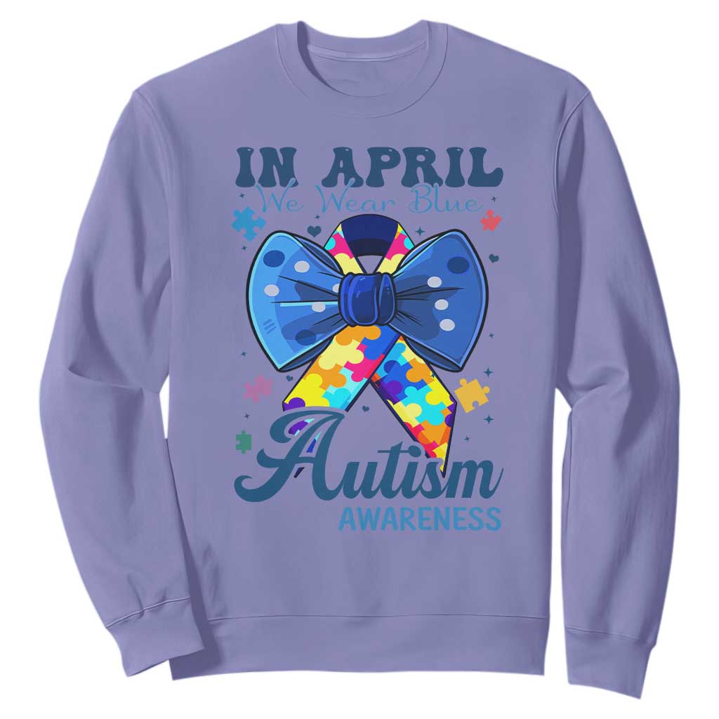 Autism Awareness Sweatshirt In April We Wear Blue Puzzle Ribbon Coquette Bow TS02 Violet Print Your Wear