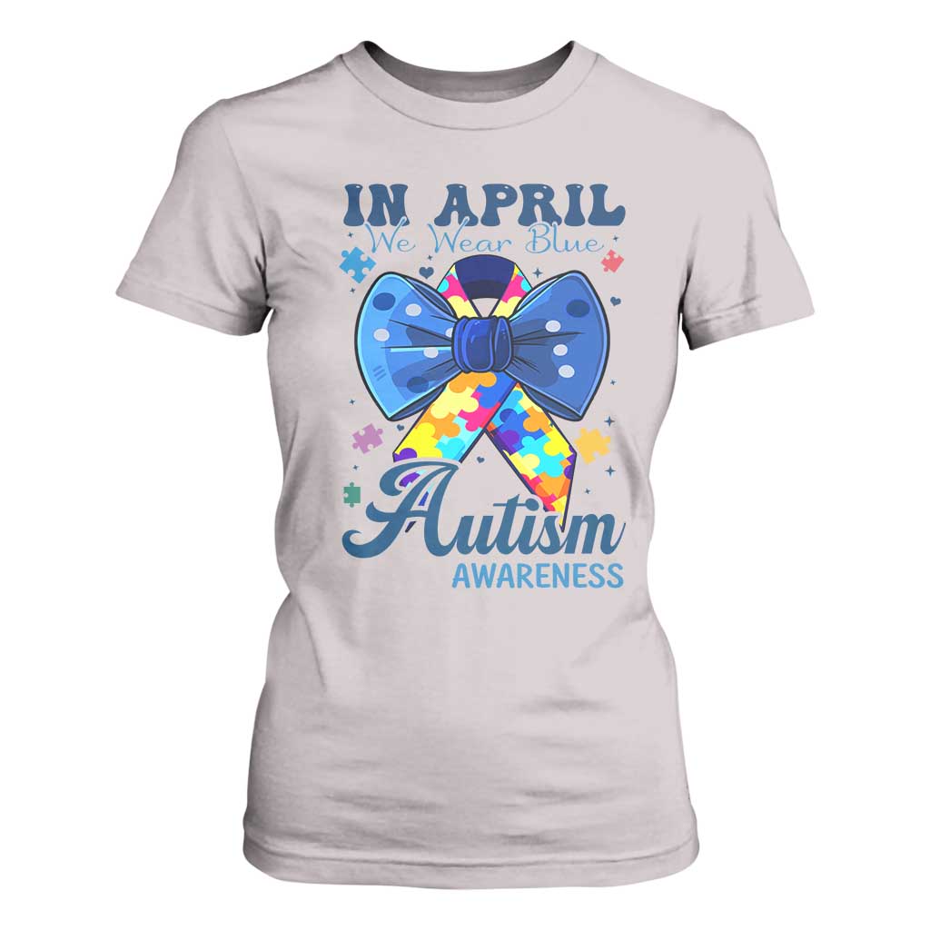 Autism Awareness T Shirt For Women In April We Wear Blue Puzzle Ribbon Coquette Bow TS02 Ice Gray Print Your Wear