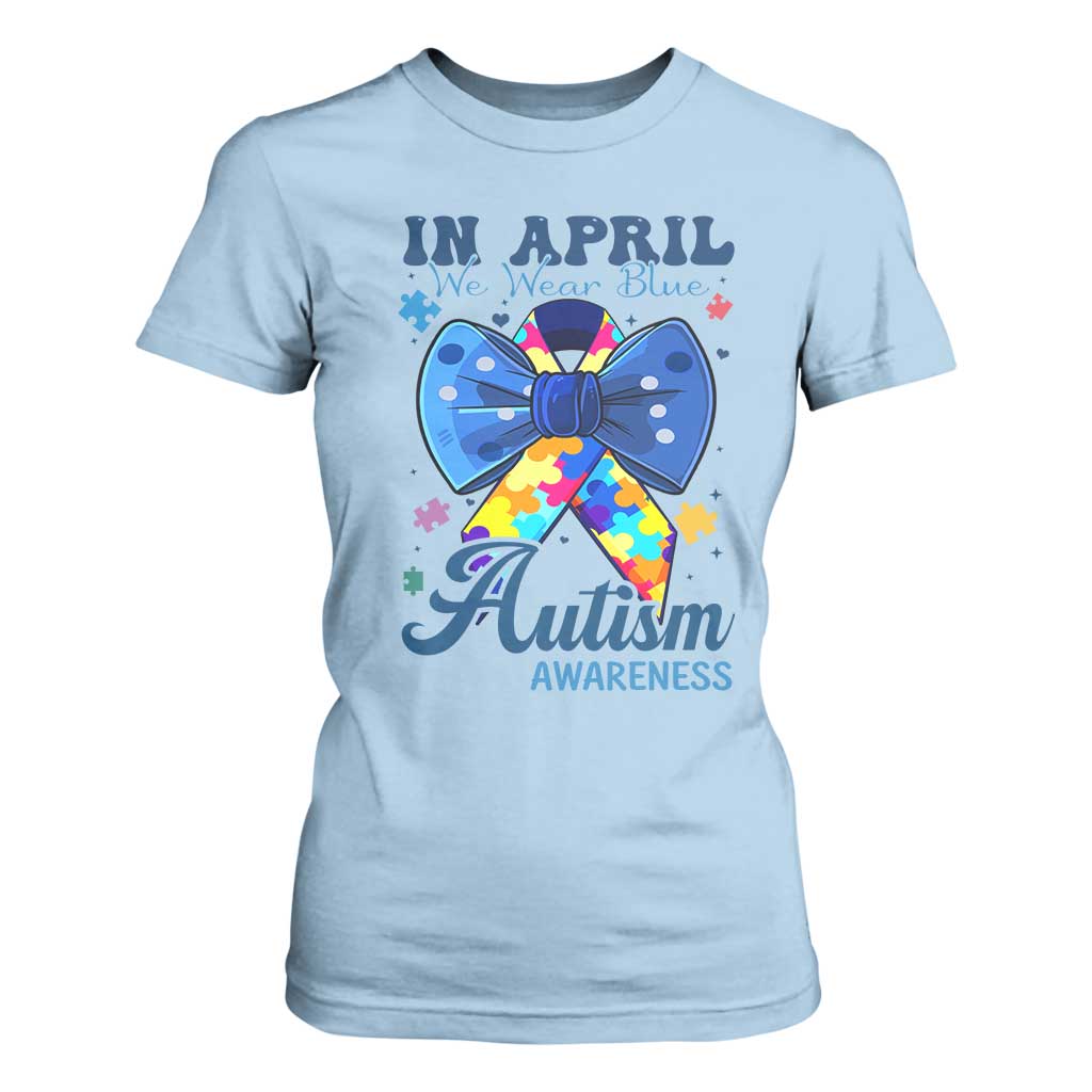 Autism Awareness T Shirt For Women In April We Wear Blue Puzzle Ribbon Coquette Bow TS02 Light Blue Print Your Wear