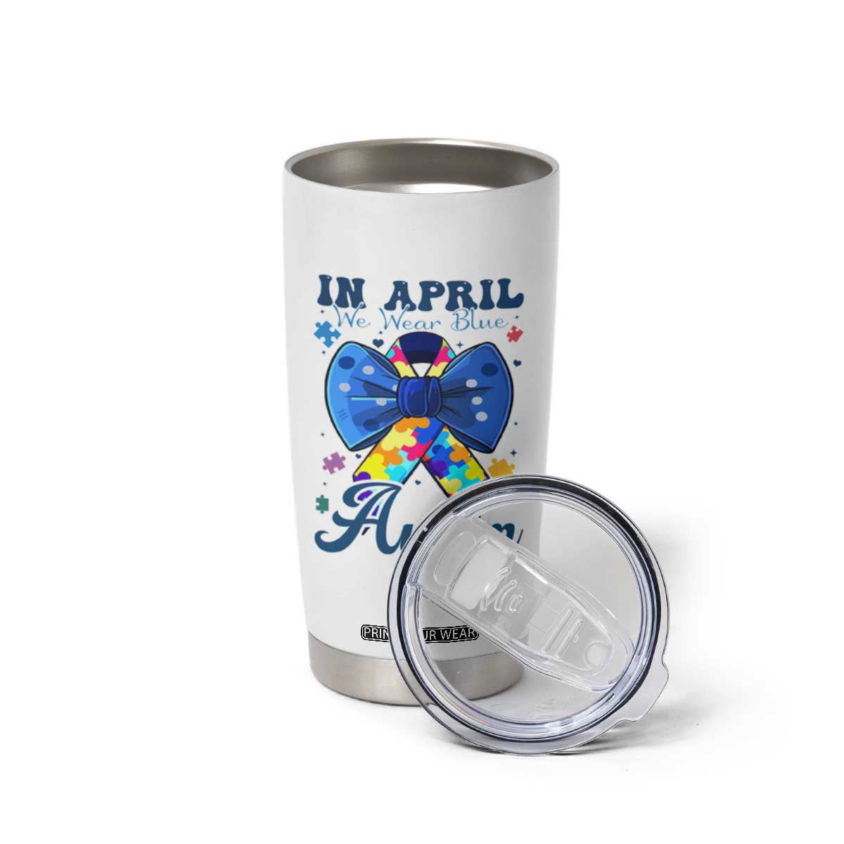Autism Awareness Tumbler Cup In April We Wear Blue Puzzle Ribbon Coquette Bow TS02 Print Your Wear