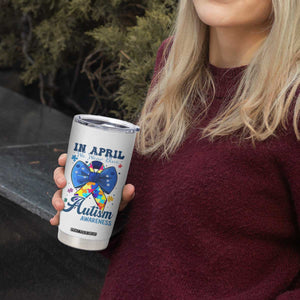 Autism Awareness Tumbler Cup In April We Wear Blue Puzzle Ribbon Coquette Bow TS02 Print Your Wear