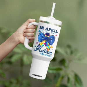 Autism Awareness Tumbler With Handle In April We Wear Blue Puzzle Ribbon Coquette Bow TS02 Print Your Wear