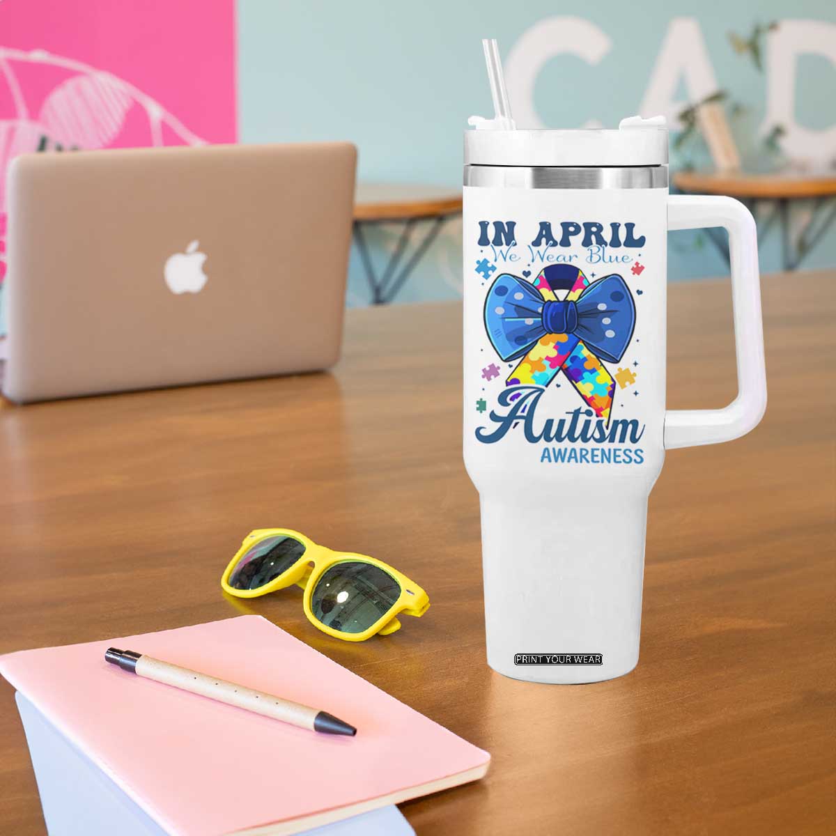 Autism Awareness Tumbler With Handle In April We Wear Blue Puzzle Ribbon Coquette Bow TS02 Print Your Wear