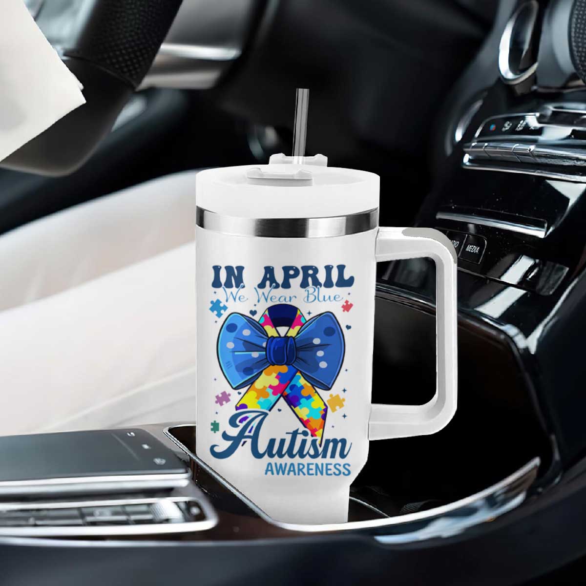 Autism Awareness Tumbler With Handle In April We Wear Blue Puzzle Ribbon Coquette Bow TS02 Print Your Wear